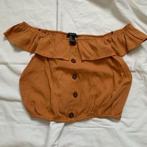 tangerine colored off the shoulder crop top